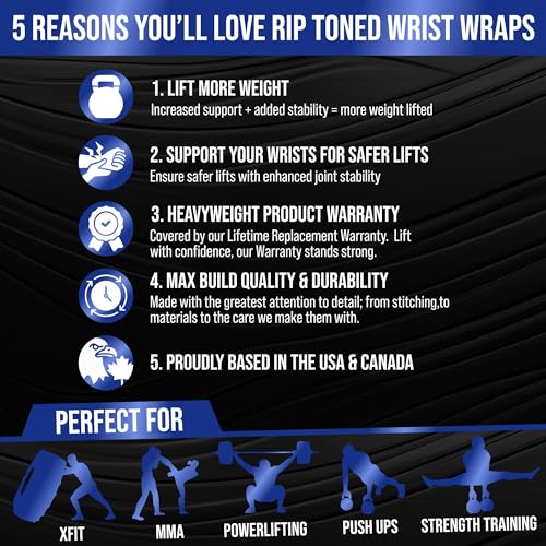 Rip Toned 18” Wrist Wraps - Wrist Straps for Weightlifting - Lift Better, Protect Wrist Pain - Adjustable, Durable, Machine Washable - Wrist Brace for Weightlifting - USPA Endorsed for Men & Women
