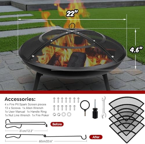 Fire Pit Spark Screen,22 Inch Fire Pit Screen Cover Outdoor with Handle&Poker,Firepit Screens Round Cover Mesh Replacement Heavy-Duty Steel Fire Pit Cover for Backyard/Beach/RV Camping
