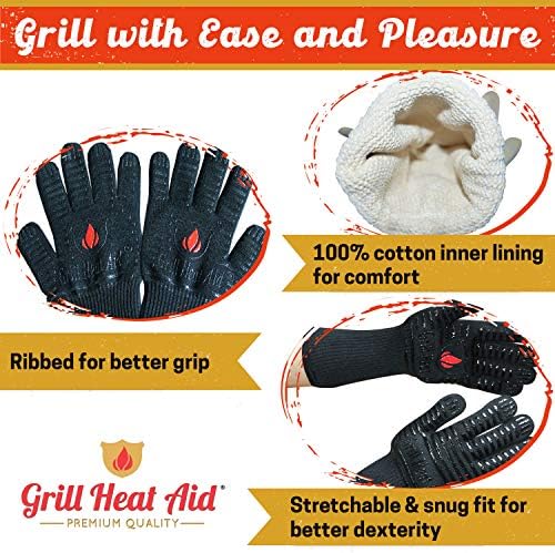 GRILL HEAT AID BBQ Grill Gloves Heat Proof for Grilling – Fireproof 1472°F Heat-Resistant Grill Mitts for Outdoor Barbecue and Smoker, Campfire, Fire Pit, Oven Glove with Fingers for Baking Pizza