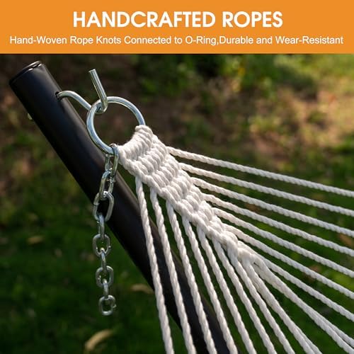 Lazy Daze Hammocks Quick Dry Hammock with Spreader Bar Textliene Fabric Double Outside Hammock with Chains Outdoor Patio Poolside Backyard Beach 450 lbs Capacity, Beige White Stripes