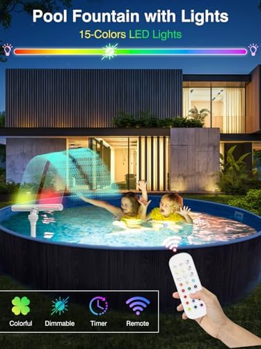 Solar Pool Fountain with 15-Color 10-Mode LED Lights, Above/Inground Pool Fountain Waterfall with Remote & Solar Panel, Adjustable Pool Sprinkler Relaxation & Cooling 10–20°F