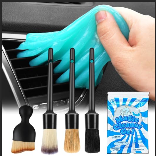 Gven Car Detailing Kit Scratch-Free Interior Car Cleaning Kit with 4 Brushes& Reusable Car Cleaning Gel for Micro-Gaps, Air Vents, Hard-to-Reach Areas Car Accessories (5 in 1)