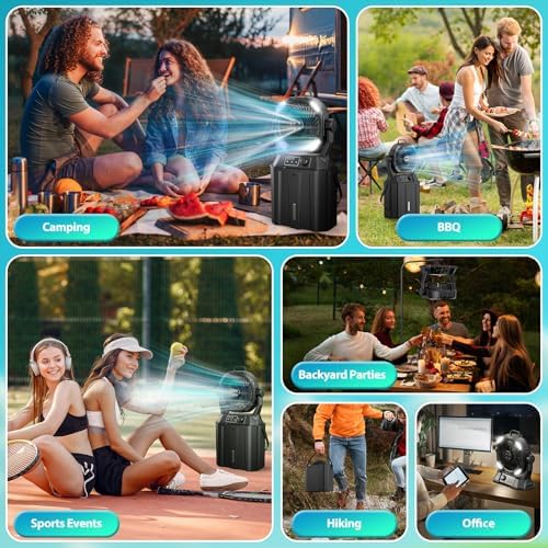 Misting Fan Portable Camping Fan 42800mAh Rechargeable with Remote Control, 3 LED Light & Stepless Speed Control & Cooling Spray with 6L Bucket, Timer Function, Portable Handle, Rotating Hanging Hook