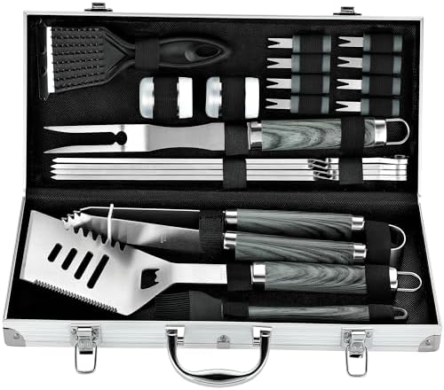 ROMANTICIST 20pc Heavy Duty BBQ Grill Tool Set in Case - The Very Best Grill Gift for Father's Day and Christmas - Professional BBQ Accessories Set for Outdoor Cooking Camping Grilling Smoking, Grey