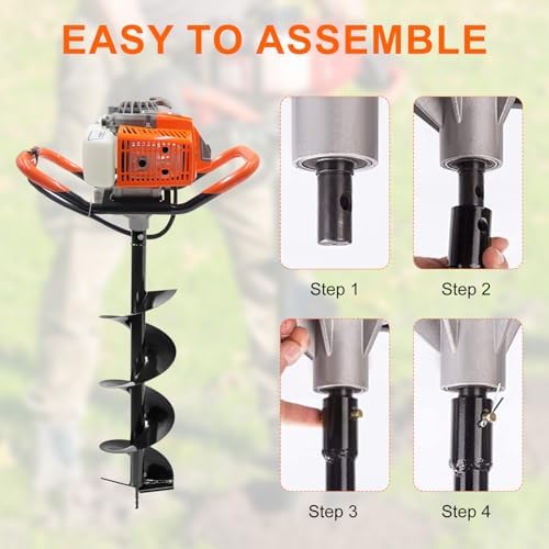 72CC Auger Post Hole Digger, 2 Stroke Gas Powered Earth Post Hole Digger with 3 Auger Drill Bits(4" & 6" & 12") + 2 Extension Rods for Farm Garden Plant, Orange (72cc+3 Auger(4"6"12")+2 Ext)