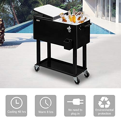 VINGLI 80 Quart Rolling Ice Chest, Portable Patio Party Bar Drink Cooler Cart, with Shelf, Beverage Pool with Bottle Opener