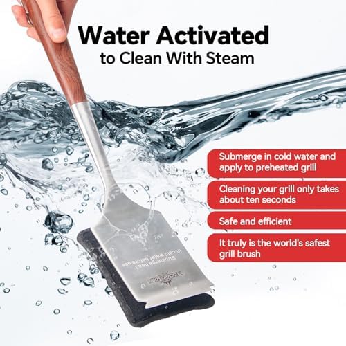 Bristle-Free Steam Cleaning Grill Brush,with Extended Luxurious Rosewood Handle and 1 Replacement Head,BBQ Grill Cleaning Brush Kit,Safe Grill Cleaner for Outdoor Grill,Gifts for Men/Dad