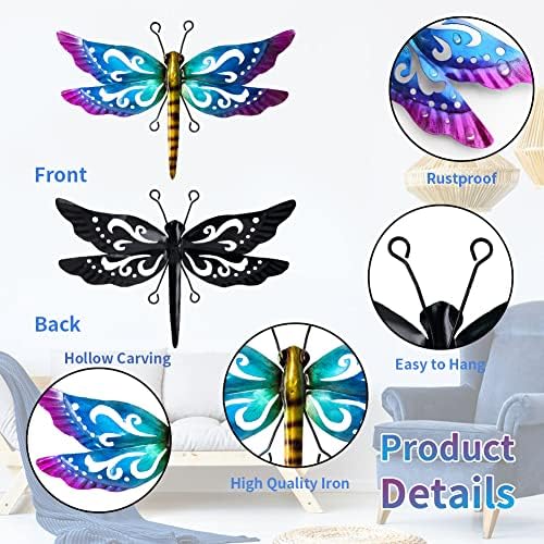 Dragonfly Garden Decor, 3 Pack Colorful Metal Dragonfly Wall Decor, Outdoor Decor Art for Patio, Yard, Fence, Garden, Outside, Backyard, Balcony
