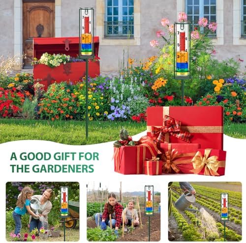 Rain Gauge Outdoor, 7" Capacity Rain Gauge with Metal Stake, Glass Rain Gauge Outdoors Best Rated Decorative for Yard, Garden, Deck, Lawn, Landscape(Colorful)