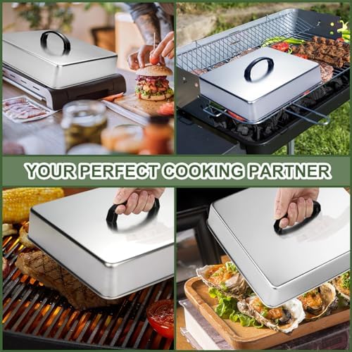 2pcs Rectangular Basting Cover, Stainless Steel Cheese Melting Dome Steaming Cover Lid, Commercial Grade Heavy Duty Griddle Grill Accessories for Flat Top Grill Cooking