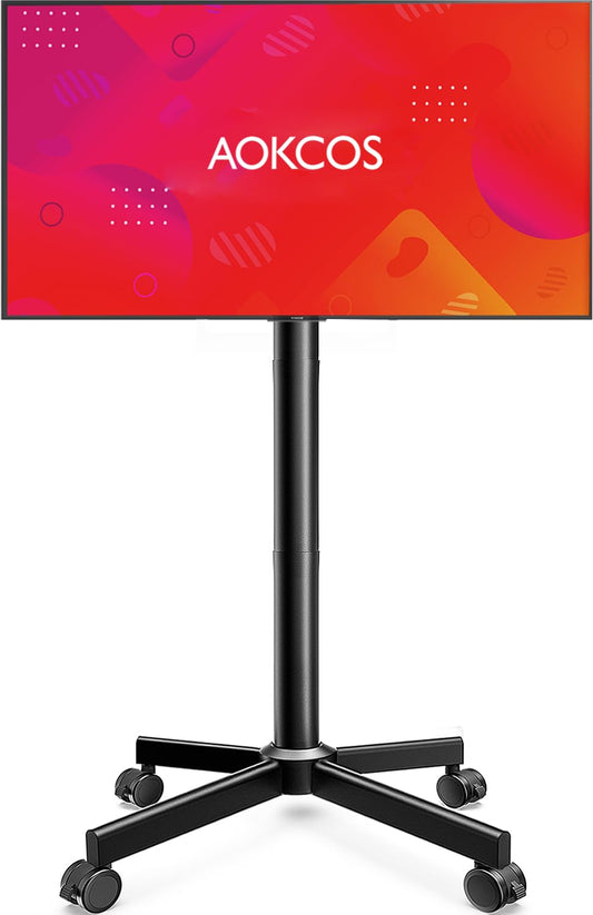AOKCOS TV Cart Rolling TV Stand - Mobile TV Stand for 32-65 inch Flat/Curved TVs Holds up to 88 Lbs, Portable TV on Wheels with Tilting for Living Room, Bedroom, Office, Max VESA 400x400mm