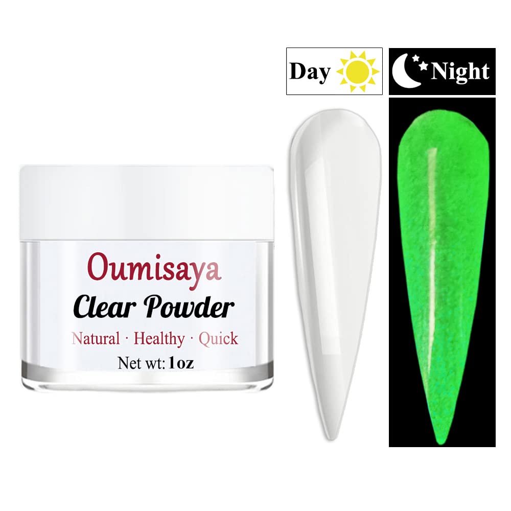 OUMISAYA Glow in the Dark Clear Nail Dip Powder 1OZ Semi Transparent Top Coat Powder for nail arts
