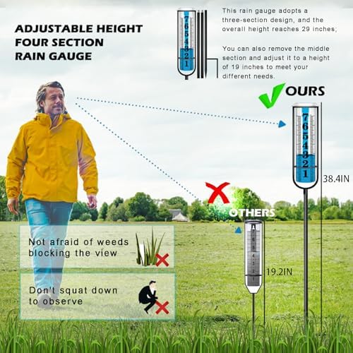 Rain Gauge Outdoor, Upgraded Accurate Rain Gauges Outdoors Best Rated, Freeze Proof Thickened Transparent Plastic Rain Measure Gauge for Yard, Adjustable Height Large Rain Measuring Tool for Garden