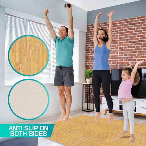 Yes4All 12SQ.FT Wood Grain Puzzle Exercise Mat Protective Flooring, EVA Interlocking Foam Floor Tiles with Border for Home