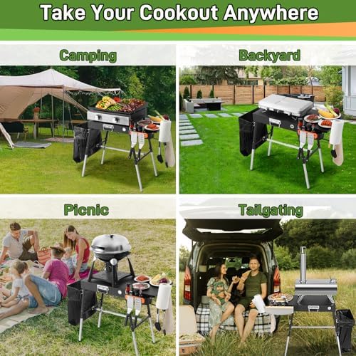 Grill Tables for Outside, Blackstone Griddle Stand with Trash Holder - Fit 17” or 22” Other Tabletop Grill, Folding Portable Ninja Grill Stand& Blackstone Table for Outdoor Tailgate, Camping