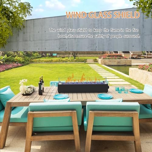 28-inch Table Top Propane Fire Pit, 40,000 BTU Tabletop Firepit for Patio, Outdoor Portable Fireplace Rectangular Fire Bowl w/Wind Glass Shield, Glass Rocks - Black