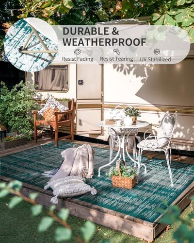 MontVoo Outdoor Rug Waterproof 5x8 ft Outdoor Carpet Patio Rug Mat Reversible RV Camping Rug Plastic Straw Outside Rug for Balcony Porch Deck Picnic Beach Modern Teal