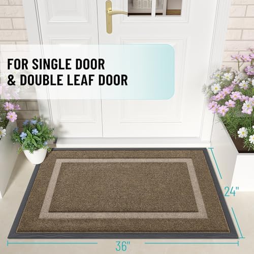 OLANLY Front Door Mat Indoor Outdoor Entrance, Waterproof All-Season, All-Weather Doormat, Sturdy Natural Rubber, Fade Resistant, Low Profile, Easy Clean Patio Porch Entryway Mat, 36x24, Brown