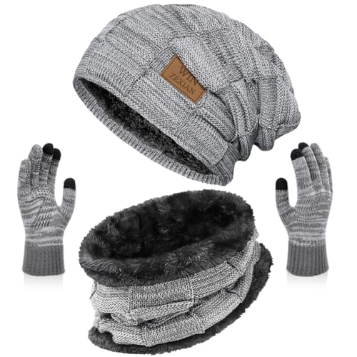 Mens 3 Pieces Winter Warm Beanie Hat Scarf and Touchscreen Gloves Set,Knit Cap Neck Warmer with Fleece Lined (Beanie+Scarf+Gloves(Grey01))