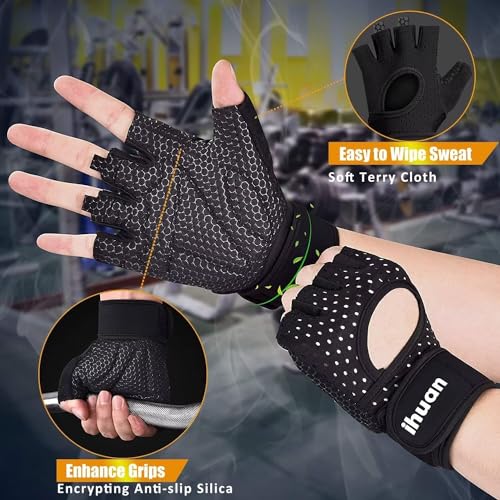ihuan Breathable Weight Lifting Gloves: Fingerless Workout Gym Gloves Wrist Support Palm Protection Extra Grip for Fitness Rowing Pull-ups