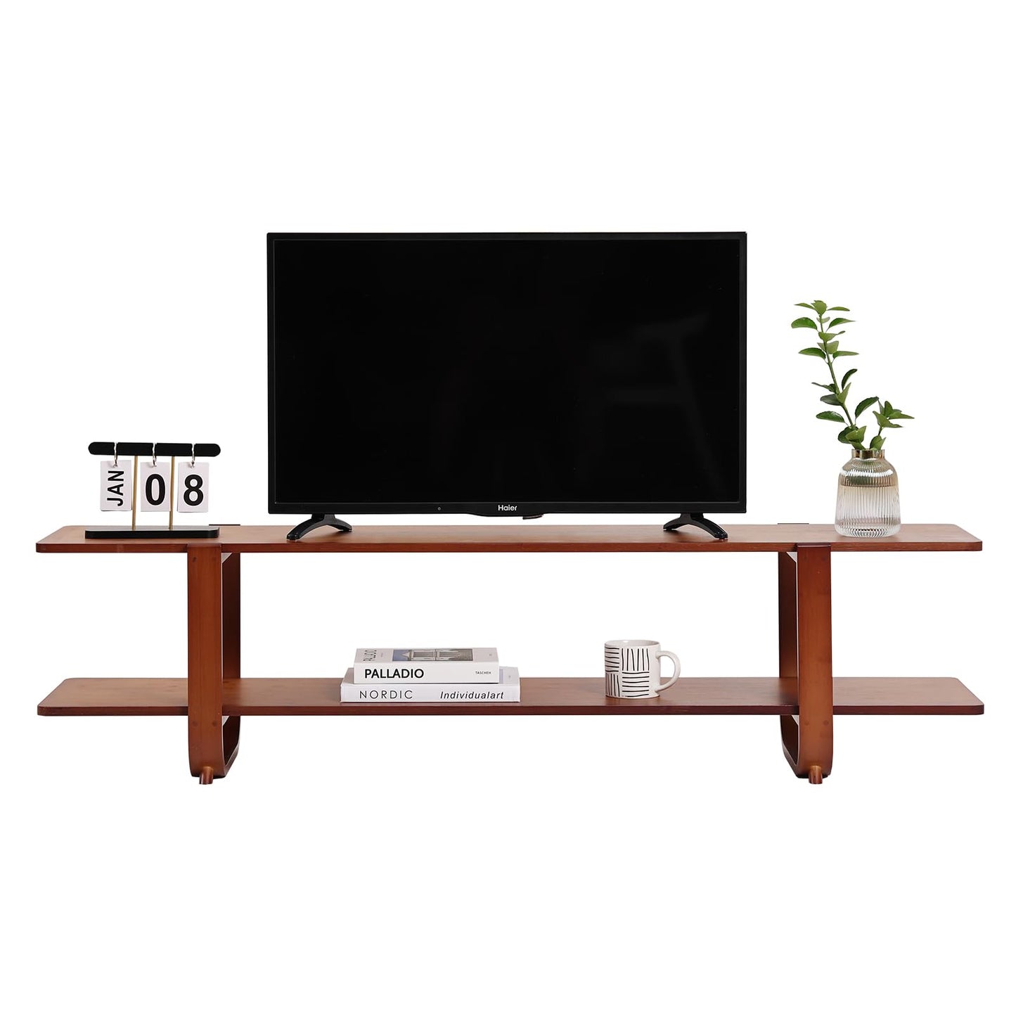 Tiita TV Stand with Storage for TVs up to 65'', Bamboo TV Console Entertainment Center with 2 Open Shelf, Mid Century Modern Media Console for Living Room, Bedroom, Walnut