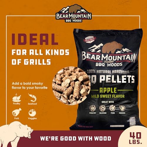 Bear Mountain All Natural Wood Pellets for Smoker, Grill & BBQ, 40 Lbs, Apple - Premium Hardwood Barbecue Pellets for Indoor and Outdoor Grilling
