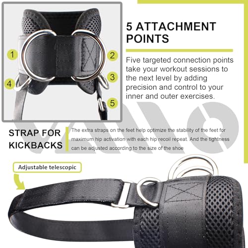 VAIIO Adjustable Comfort fit Neoprene, Ankle Straps for Cable Machines, 5 D-Ring Design & Extra Strap -The extra strap under your feet boosts stability for maximum thigh and leg activation in each rep