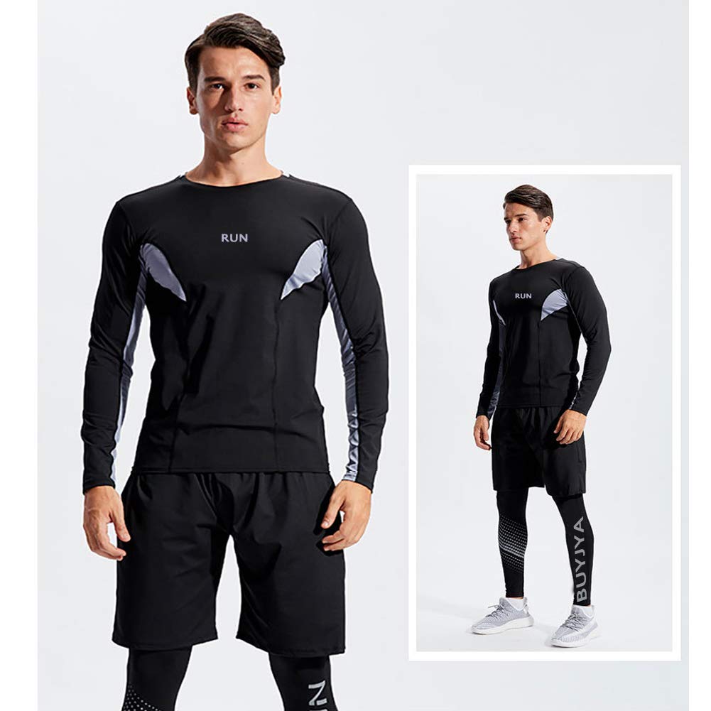 BUYJYA 5Pcs Men's Compression Pants Shirt Top Long Sleeve Jacket Set Suit (B Style, 2XL)