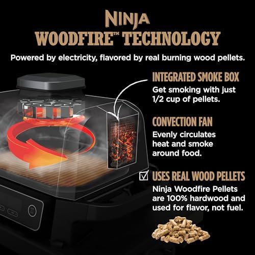 Ninja OG751 Woodfire Pro Outdoor Grill Built-In Thermometer,7-in-1 Master Grill,BBQ Smoker,& Outdoor Air Fryer Plus Bake,Roast,Dehydrate & Broil,Woodfire Technology,Weather-Resistant,Grey XL
