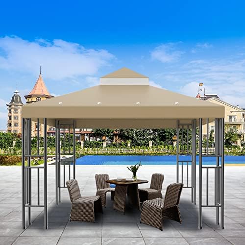 Sumfaller 10x10 FT Gazebo Replacement Canopy Top Cover Double Tiered Canopy Top Cover for Outdoor BBQ Roof Cover Grill Shelter (Brown)