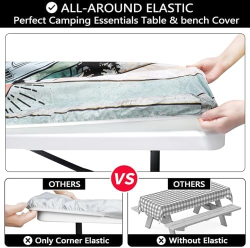 Picnic Table Cover with Bench Covers 6FT Outdoor Camping Essentials Waterproof Fitted Picnic Table Cloth Wood Texture Fitted Picnic Tablecloth with Elastic(3pcs-72")