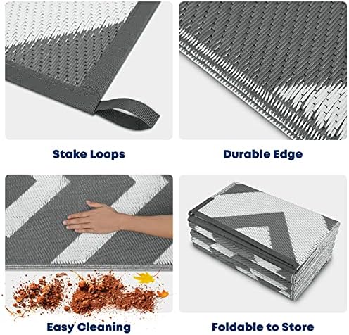 Kohree RV Outdoor Rug 9x12 Reversible, Waterproof Patio Mat with 4 Stakes & UV Fade Resistant, Non-Slip Outdoor Camping Mat for Deck, Picnic, Backyard, Includes Carry Bag (Grey & White)