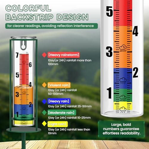 Rain Gauge Outdoor, 7" Capacity Rain Gauge with Metal Stake, Glass Rain Gauge Outdoors Best Rated Decorative for Yard, Garden, Deck, Lawn, Landscape(Colorful)