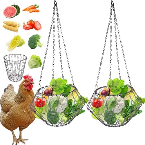 Hanging Chicken Feeder, Foldable 6.5inches Large Poultry Vegetable Fruits Feeder Basket with 17inches Hanging Chain, Veggie Treat Ball Boredom Toys for Chicken/Hens/Duck/Rabbit Coop, 2 Pack