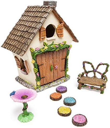 Meadow & Oak Fairy Garden House Kit - Complete with Fairy Garden Accessories, Butterly Seat, Bird Bath, Stepping Stones, Magnetic Door Closure for Indoor/Outdoor Fairy House