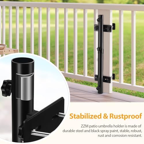 ZZM Patio Umbrella Holder for Deck Railing, Adjustable Deck Umbrella Mount Outdoor, Attachable to Railing Mounting Brackets - Upgraded 3 Screws to Secure Umbrella Handle, Maximizes Deck Space (Dark)