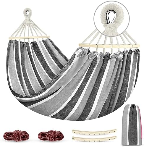 MOSFiATA Hammocks Portable Camping Hammock Upgraded 550lb Comfortable Fabric Hammock with Two Anti Roll Balance Beam and Sturdy Tree Straps for Camping, Patio, Backyard, Outdoor （Grey）