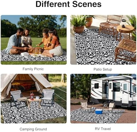 OLANLY Outdoor Rug Waterproof 5x8 ft Clearance, Reversible Outdoor Plastic Straw Rug with Floral Pattern, RV Mat for Patio, Camping, Balcony, Deck, Backyard, Black & White