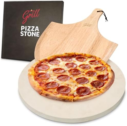 HANS GRILL PIZZA STONE | Circular Pizza Stone For Oven Baking & BBQ Grilling With Free Wooden Peel | Extra Large Round 15" Inches Diameter (38CM) Durable Cordierite Cooking Stone.
