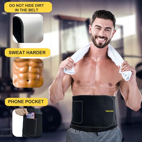 TESETON Mens Waist Trainer, Sweat Waist Trainer for Men Women, Sweat Band Blet for Lower Belt Fat, Sweat Wraps for Abdominal Home and Outdoor Workout Fitness Exercise Black S