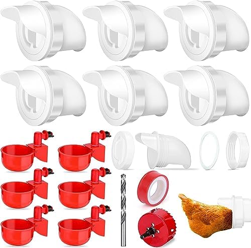 6 Pcs Chicken Feeder and Water Cup Kit - Gravity Chicken Waterer and Feeder Port Kit with Hole Saw and Sealing Tape - No Waste for Duck, Bird, Quail