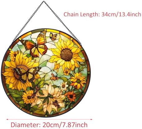 Sunflower Hanging Stained Glass for Windows,20cm/7.87inch Hand-Painted Sun Catcher Garden Hangings Christmas Mother's Day, Valentine's Day Ornaments Festival Gift