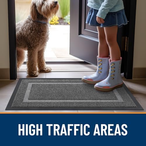 OLANLY Front Door Mat Indoor Outdoor Entrance, Waterproof All-Season, All-Weather Doormat, Sturdy Natural Rubber, Fade Resistant, Low Profile, Easy Clean Patio Porch Entryway Mat, 29.5x17, Dark Grey