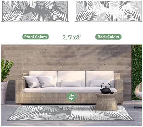 GENIMO Outdoor Rug 2.5' x 8' Waterproof for Patios Clearance, Reversible Outdoor Plastic Straw Hallway Runner Rug Carpet, Entryway Rugs Mats for Deck, Porch, Balcony, Camping, RV, Camper, Grey&White