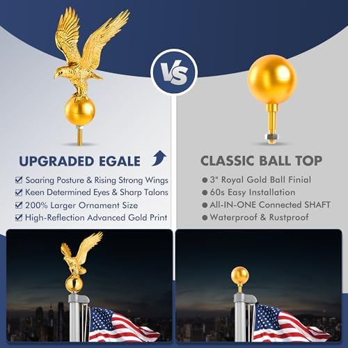 PPQ Gold Flag Pole Eagle Topper 11", Gold Ball Topper 3",1/2"-13 Threaded Screw w/Hexnut, Fits for Most Telescoping & Sectional Flagpoles(20/25/30FT)