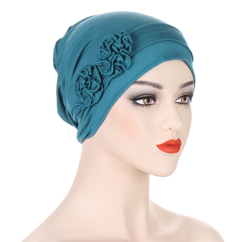 YYAOJHAO Flower Turban Hats for Women - Pre Tied Twist Solid Hedwrap Caps Chemo Cancer Headwear Headscarf Hair Loss Cover (Polyester, Teal)