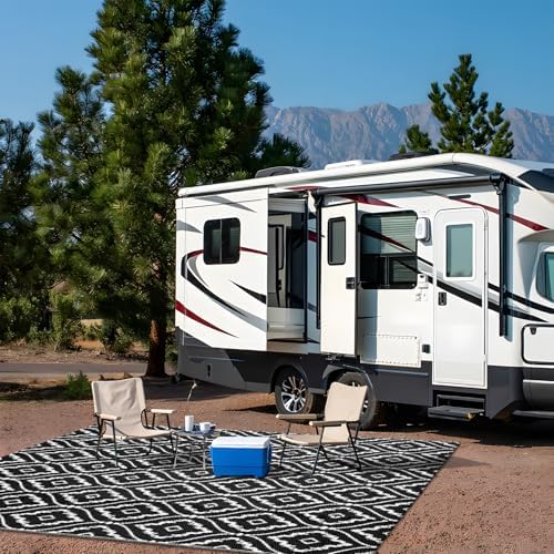 OLANLY Outdoor Rug 5x8 ft Waterproof, Outdoor Plastic Straw Rug with Geometric Pattern Clearance, Reversible RV Mat for Patio, Camping, Balcony, Deck, Backyard, Black & White