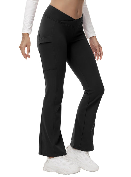 YSENTO Women's Cargo Fleece Leggings Snow Hiking Pants Flared Insulated V Cross Bootcut Phone Pockets Black XL