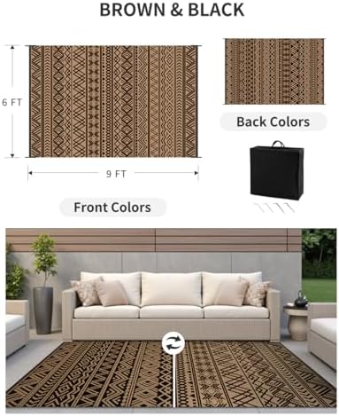 MontVoo-Outdoor Rug Carpet Waterproof 5x8 ft Reversible Patio Rug RV Camping Rug-Plastic Straw Rug Outside Indoor Outdoor Area Rug for Patio Deck Balcony Picnic Beach Outdoor Decor Boho Black Brown