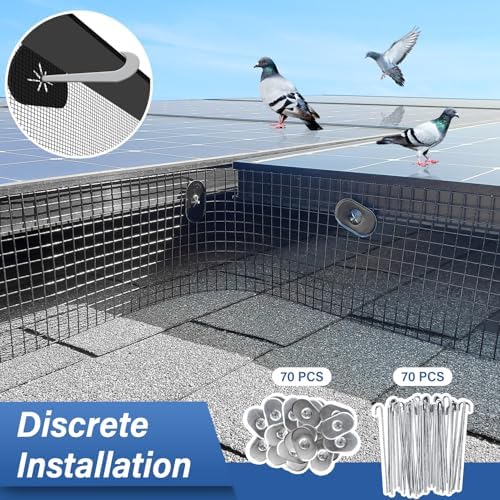 Solar Panel Bird Guard,6in x 100ft Critter Guard Roll Kit for Roof Protection Net Wire Screen,Rust-Proof Black PVC Coated Galvanized Net Pigeon Mesh with 70 Fastener Clips for Bird,Animal Control